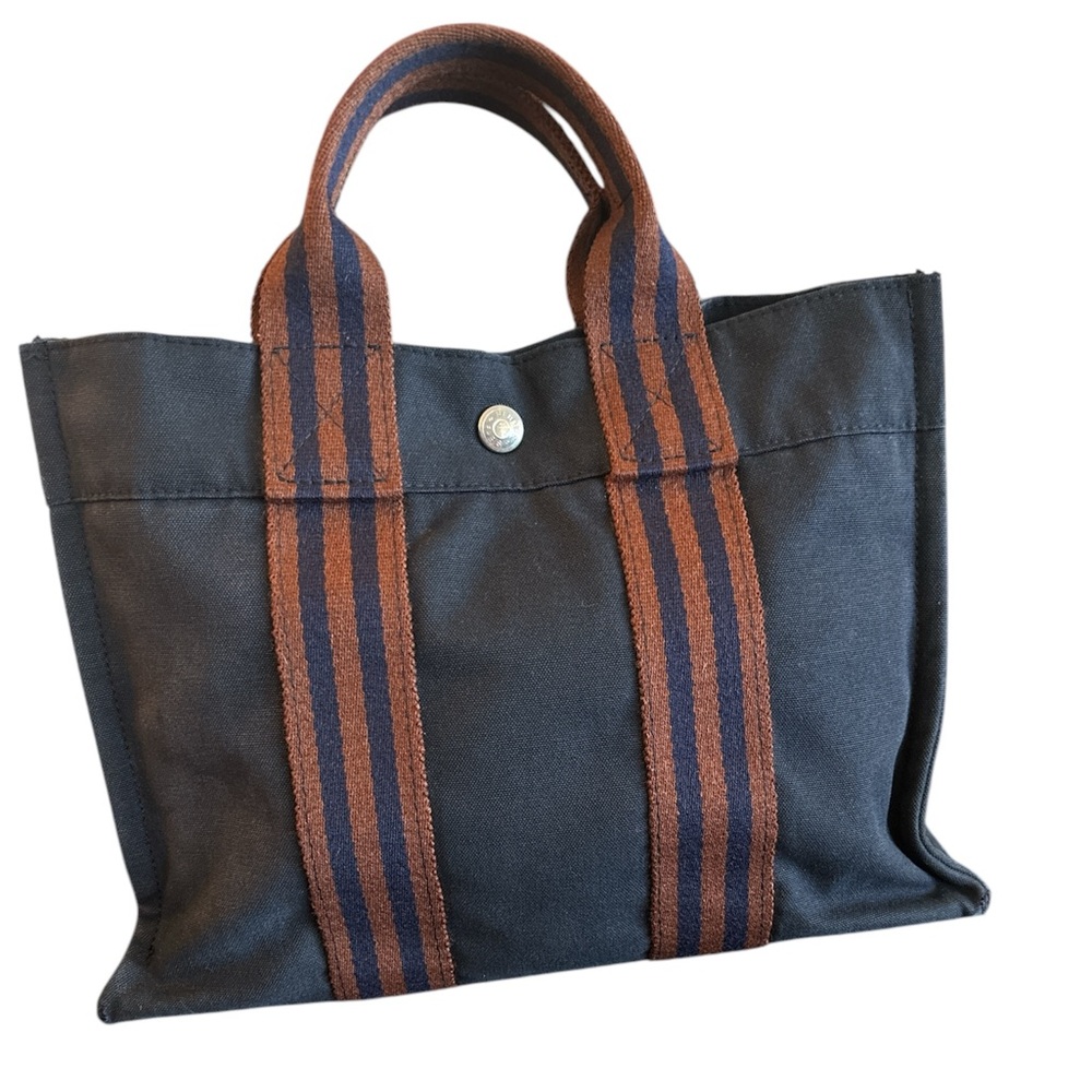 HERMES HERMES Canvas Fourre Tout PM Tote Bag in Navy Blue & Brownish-Red - Picture 3 of 15
